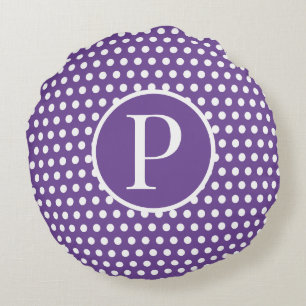 Modern Custom initial letter Polka Dot Purple Round Pillow