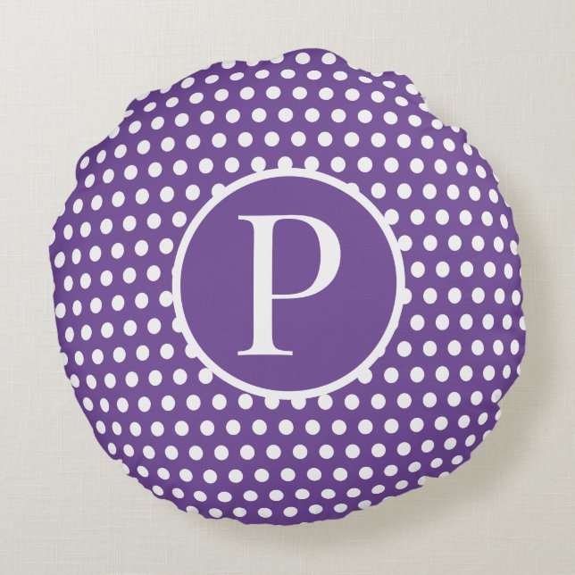 Modern Custom initial letter Polka Dot Purple Round Pillow (Back)