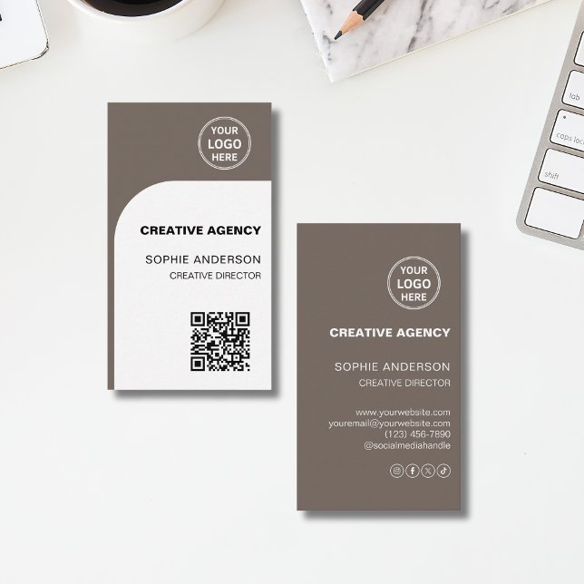 Modern Custom Logo QR Creative Agency Taupe Business Card (Modern Custom Logo QR Creative Agency Taupe Business Card)