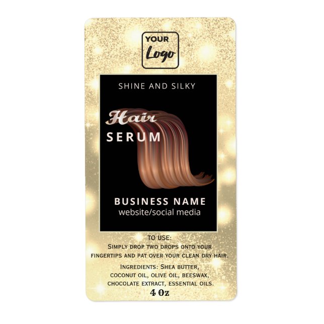Modern custom logo sparkle script hair serum label (Front)