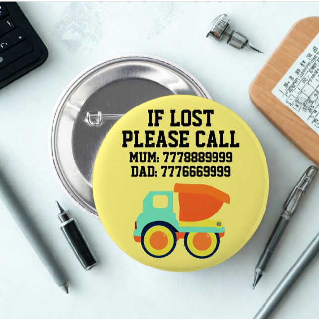 Modern Custom Lost Child Id Yellow Badge 2 Inch Round Button (Modern custom missing child id card yellow truck badge button)