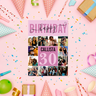 Modern Custom Mauve Purple 12 Photo Birthday Card
