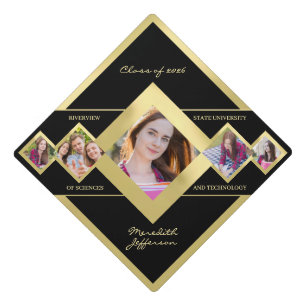 Modern Custom Multi‑Photo Gold Black Graduation Cap Topper