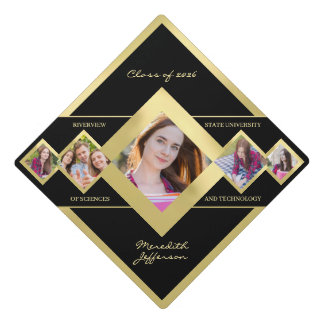 Modern Custom Multi‑Photo Gold Black Graduation Cap Topper