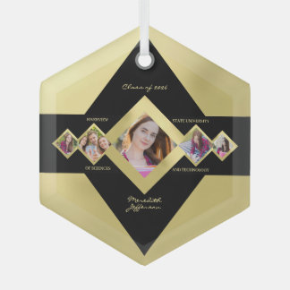 Modern Custom Multi‑Photo Gold Black Graduation Glass Ornament
