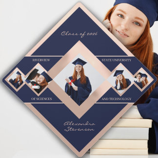 Modern Custom Multi‑Photo Rose Blue Graduation Cap Topper