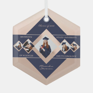 Modern Custom Multi‑Photo Rose Blue Graduation  Glass Ornament
