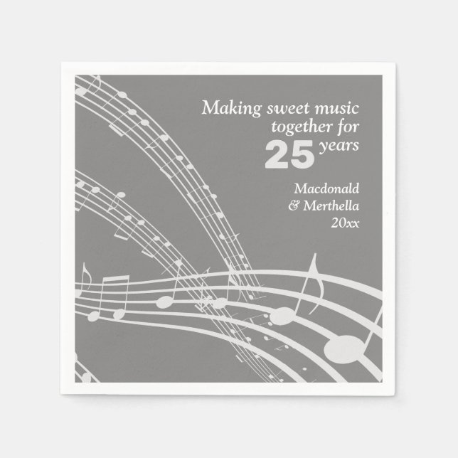 Modern Custom MUSIC NOTES 25th SILVER Anniversary Napkin (Front)