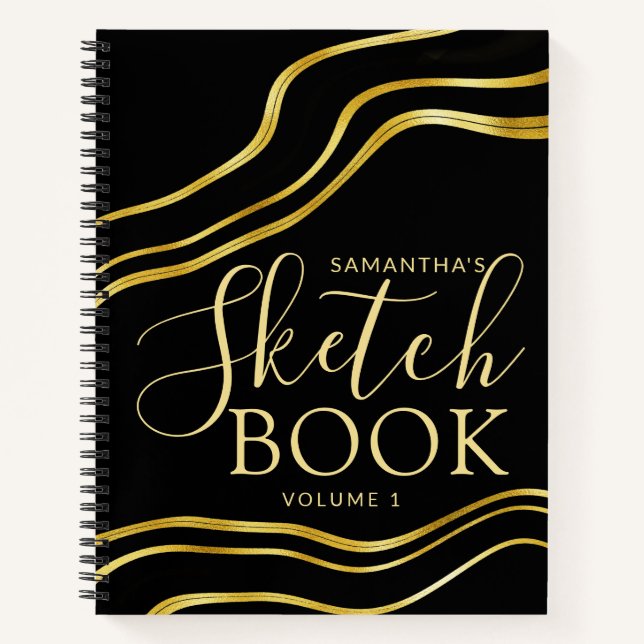 Modern Custom Name Black Gold Sketchbook Notebook (Front)