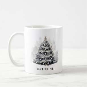 Modern Custom Name Black & White Christmas Tree Coffee Mug