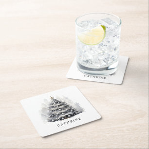 Modern Custom Name Black & White Christmas Tree Square Paper Coaster