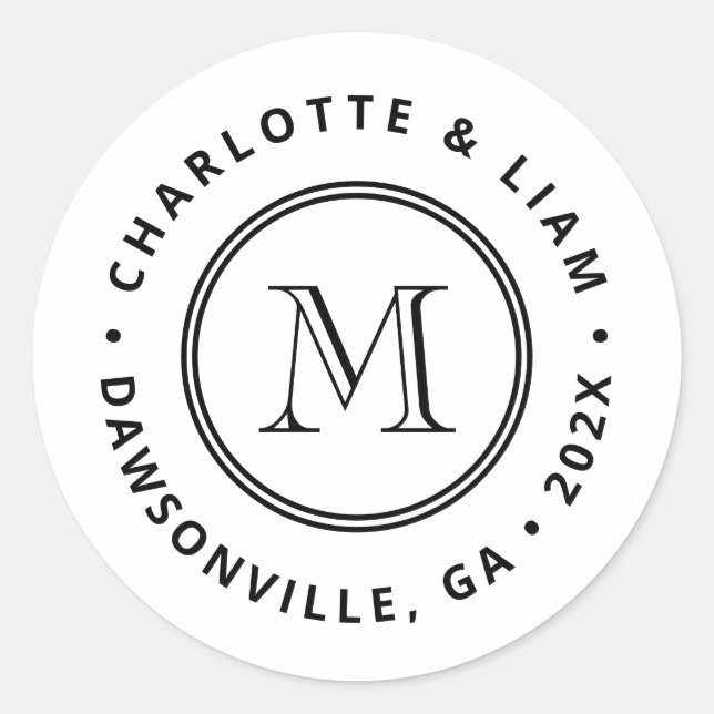 Modern Custom Name Date Monogram Wedding Classic Round Sticker (Front)