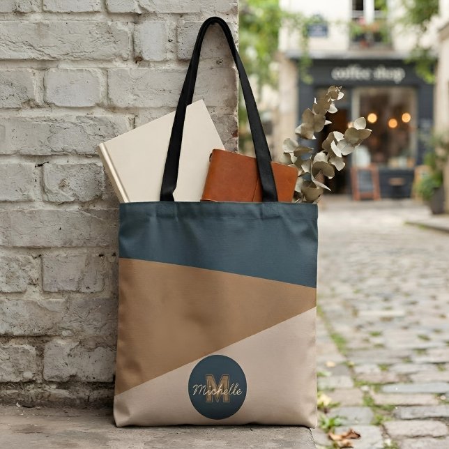 Modern Custom Name Earth Tone Colorblock Monogram Tote Bag (Creator Uploaded)