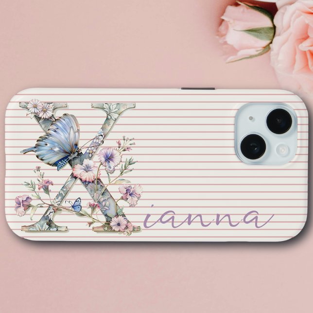 Modern Custom Name Floral Butterfly Initial Lilac Case-Mate iPhone Case (Creator Uploaded)