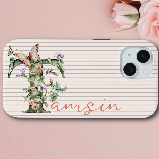Modern Custom Name Floral Butterfly Initial Peach Case-Mate iPhone Case (Creator Uploaded)