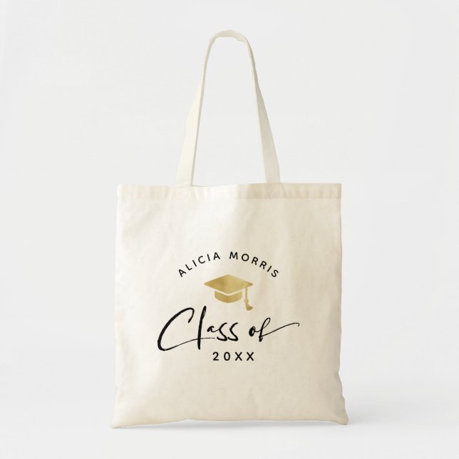 Modern Custom Name Graduation Trendy Script Gold Tote Bag (Front)