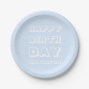 Modern Custom Name, Happy Birthday, light blue Paper Plate