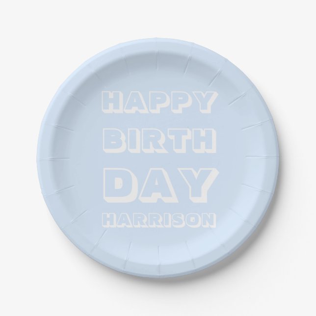 Modern Custom Name, Happy Birthday, light blue Paper Plate (Front)