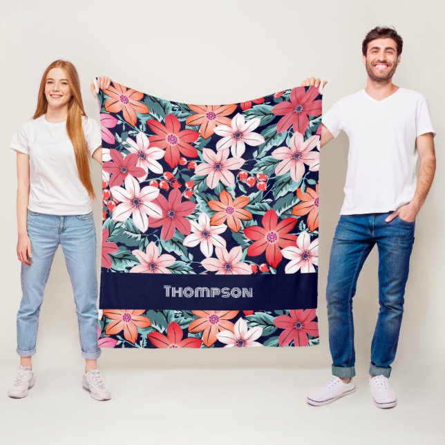 Modern custom name Navy blue spring flowers decor Fleece Blanket (In Situ)
