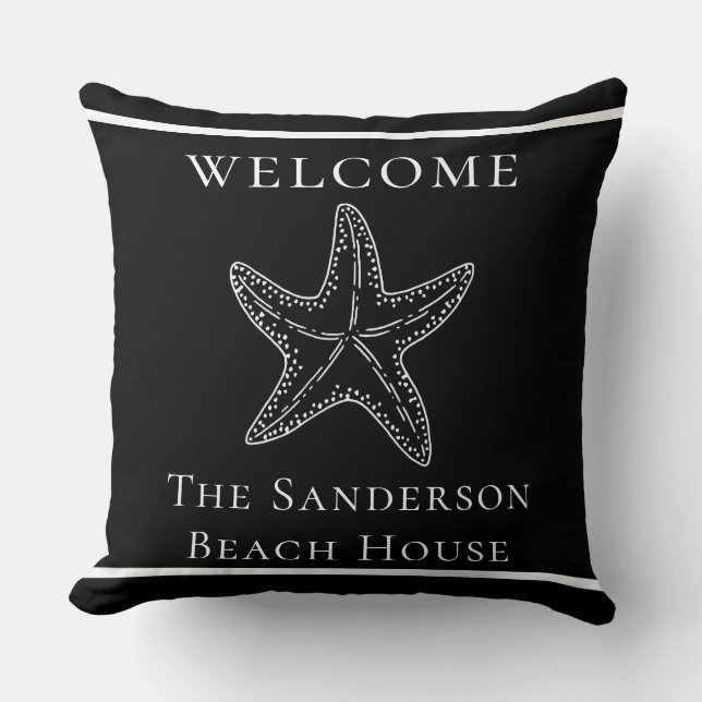 Modern Custom Nautical White Basic Black Starfish Throw Pillow (Front)