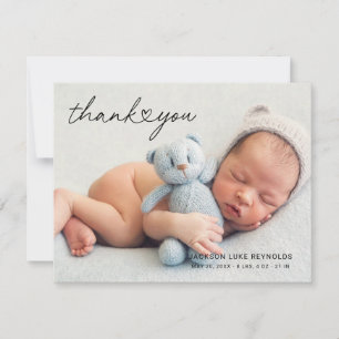 Modern Custom Newborn Baby Photo Heart Script Thank You Card