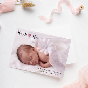 Modern Custom Newborn Baby Photo Pink Heart Script Thank You Card