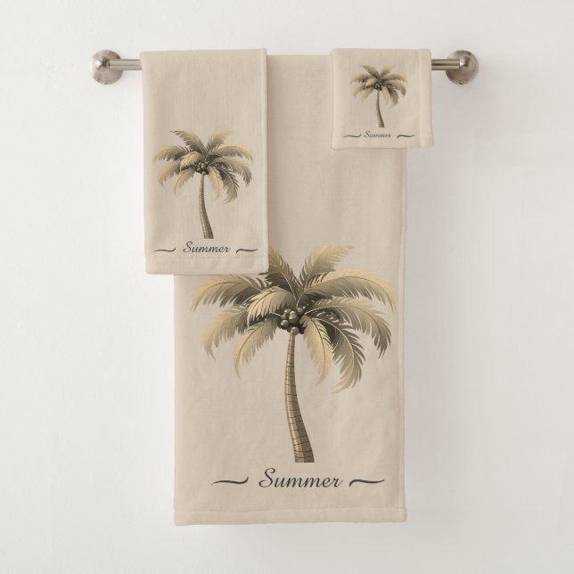 Modern Custom Palm Tree & Script on Beige Bath Towel Set (Insitu)