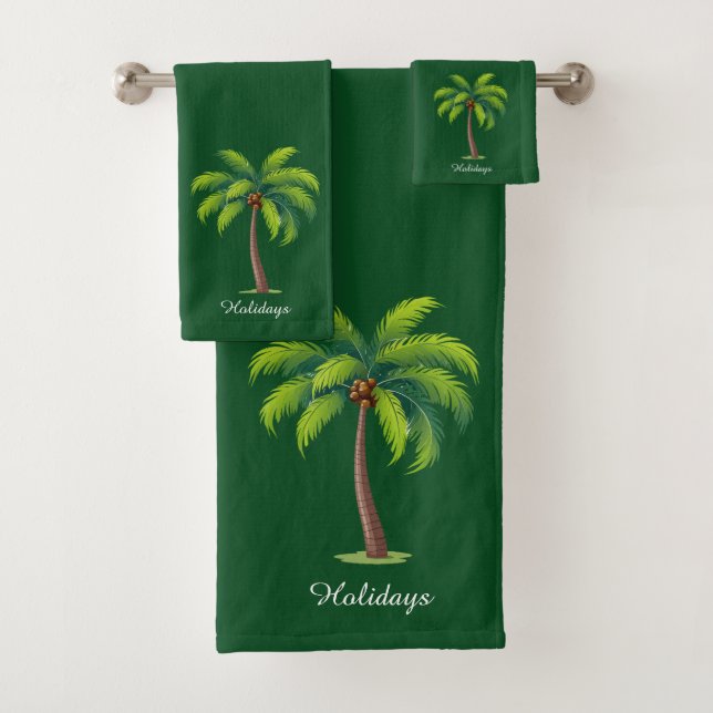 Modern Custom Palm Tree & Script on Forest Green Bath Towel Set (Insitu)