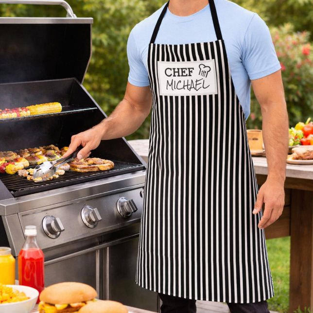Modern Custom Personalized Chef Black Striped Apron (Creator Uploaded)