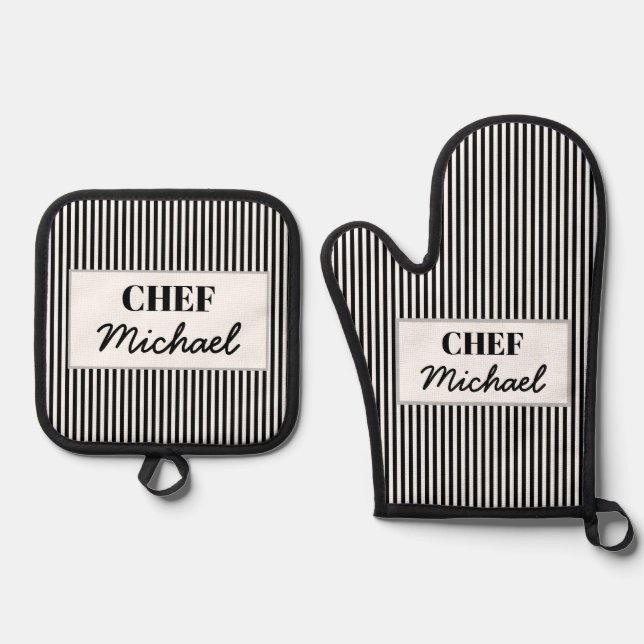 Modern Custom Personalized Chef Black Striped  Oven Mitt & Pot Holder Set (Front)