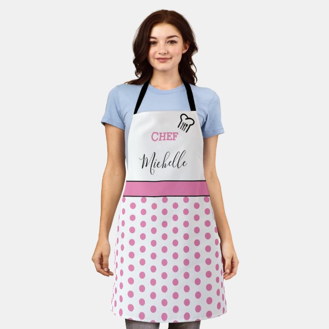 Modern Custom Personalized Chef Name Polka Dots Apron (Worn)