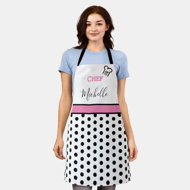 Modern Custom Personalized Chef Name Polka Dots Apron (Worn)