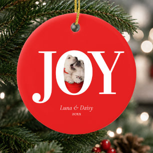 Modern Custom Pet Photo Joy Red Christmas Ceramic Ornament