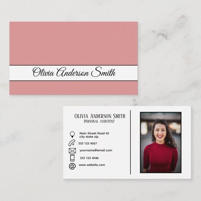 Modern Custom photo and contacts Blush Business Card (Front/Back)