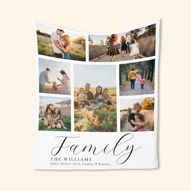 Modern Custom Photo Collage Elegant Script Family Fleece Blanket (Creator Uploaded)