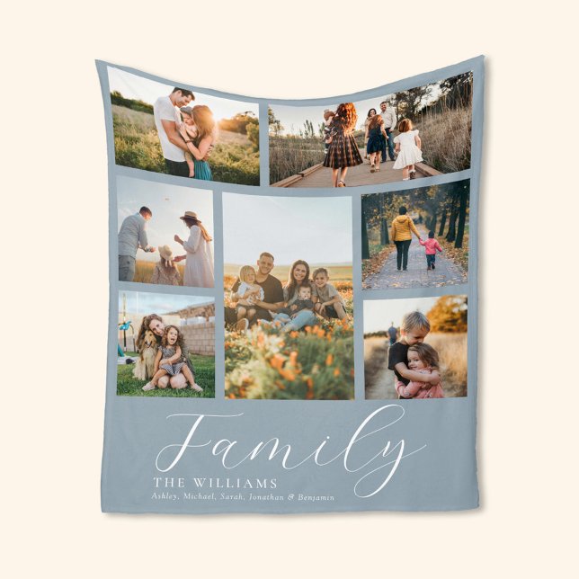 Modern Custom Photo Collage Elegant Script Family Fleece Blanket (Creator Uploaded)