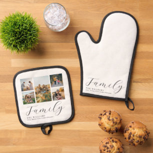 Modern Custom Photo Collage Elegant Script Family Oven Mitt & Pot Holder Set