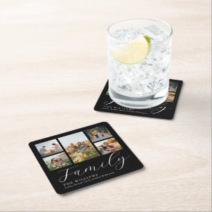 Modern Custom Photo Collage Elegant Script Family Square Paper Coaster