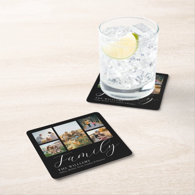 Modern Custom Photo Collage Elegant Script Family Square Paper Coaster (Insitu)