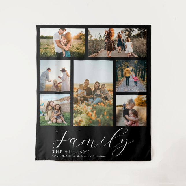 Modern Custom Photo Collage Elegant Script Family Tapestry (Front)