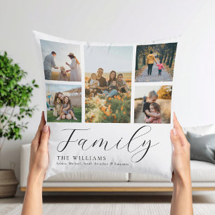 Modern Custom Photo Collage Elegant Script Family Throw Pillow