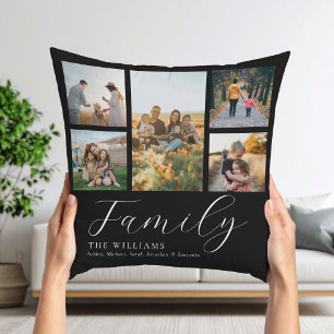 Modern Custom Photo Collage Elegant Script Family Throw Pillow