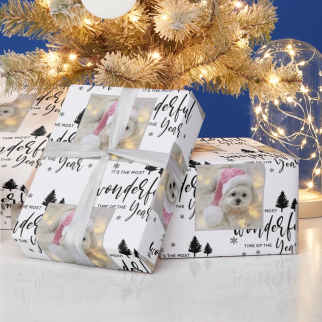 Modern Custom Photo Dog Black White Typography Wrapping Paper (Holidays)