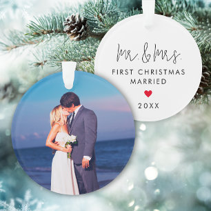 Modern Custom Photo First Christmas Married Ornament