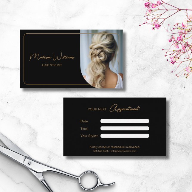 Modern Custom Photo Hair Stylist Black and Gold Appointment Card (Modern Custom Photo Hair Stylist Black and Gold Appointment Card)