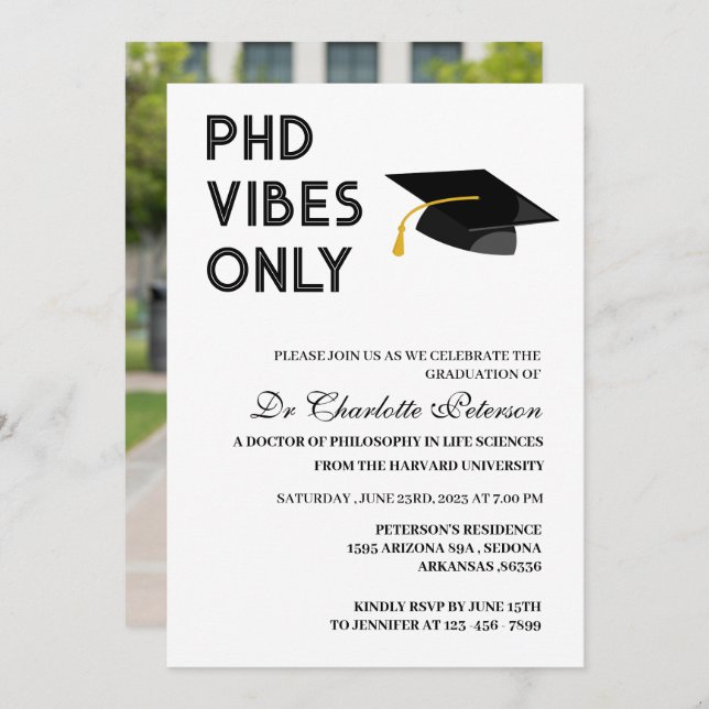 Modern Custom Photo PHD Doctoral Graduation Invitation (Front/Back)