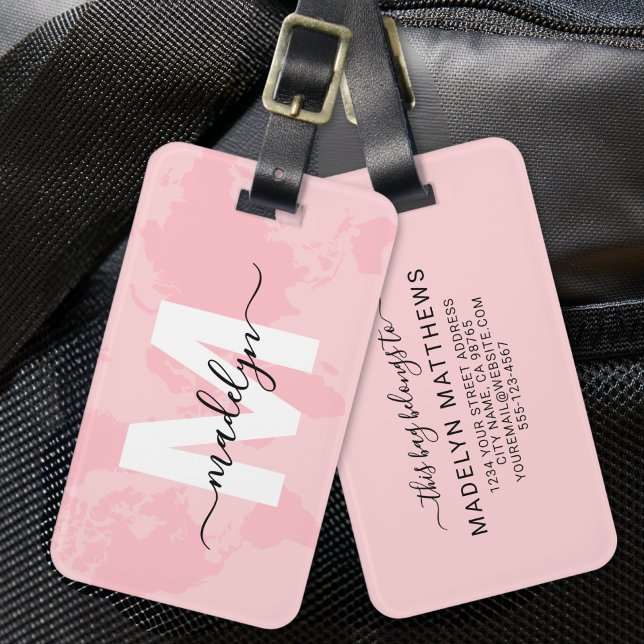 Modern Custom Pink Map Monogram Name Luggage Tag (Modern Custom Pink Map Monogram Name Luggage Tag )