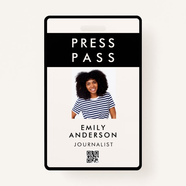 Modern Custom Press Pass Photo ID Logo QR Code Badge (Front)