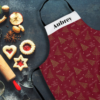Modern Custom Red Christmas Tree & Season Greeting Apron