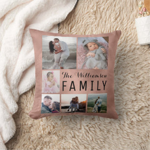 Modern Custom Rose Gold White Family Photo Collage Throw Pillow